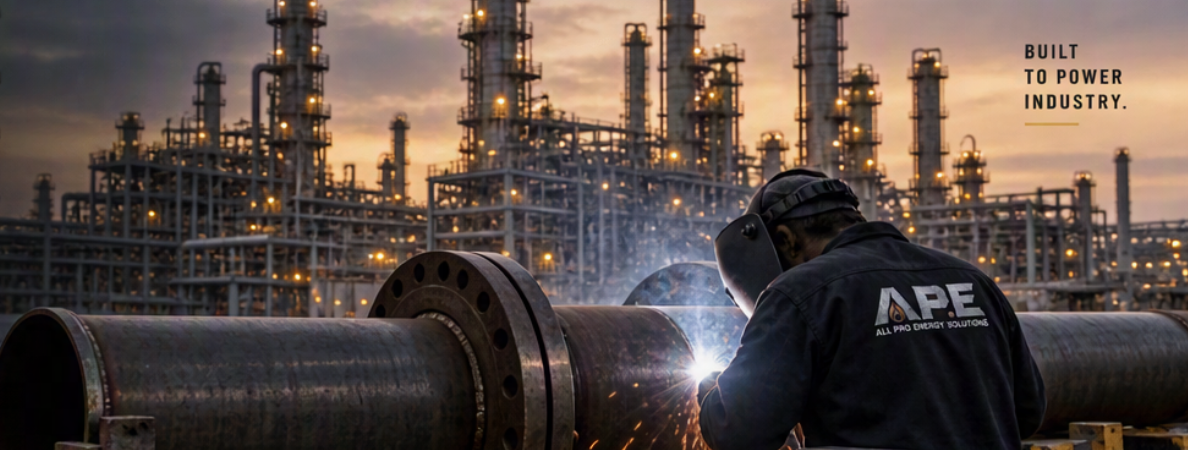 A.P.E. welder joining large-diameter pipe with a process plant behind. Built to power industry.